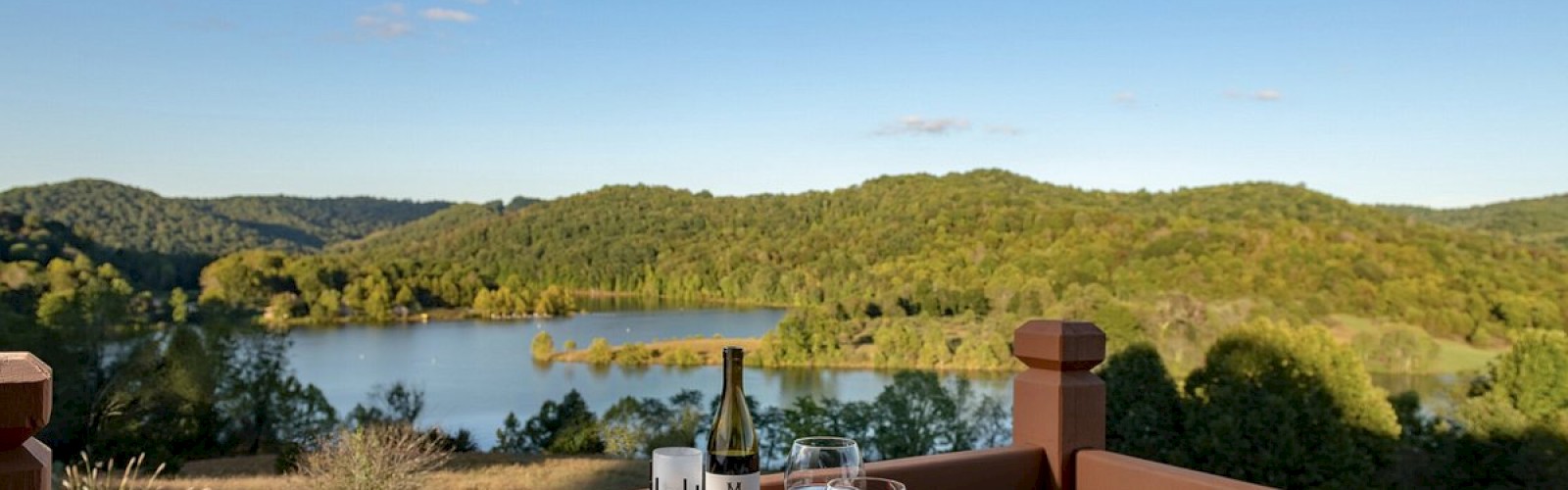 A wooden table with meals, wine, and glasses overlooks a lake and green hills under a clear blue sky from a balcony.
