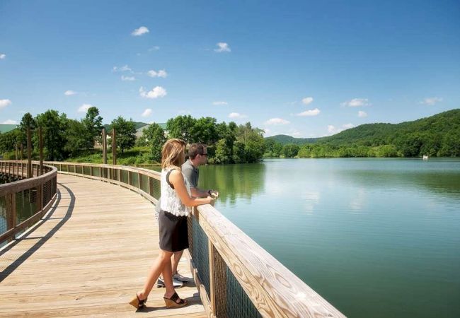 A couple stands on a wooden boardwalk overlooking a calm lake surrounded by lush greenery and hills, under a clear blue sky with a few clouds.