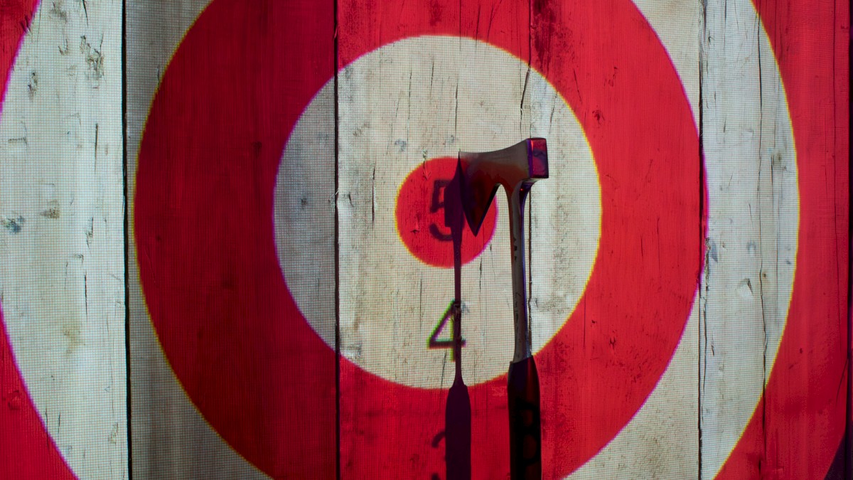 A red and white target on a wooden board with an axe embedded in its center rings.