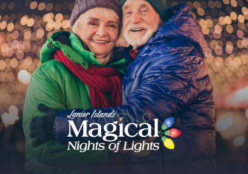 An elderly couple dressed warmly, smiling in front of festive lights. The text reads 