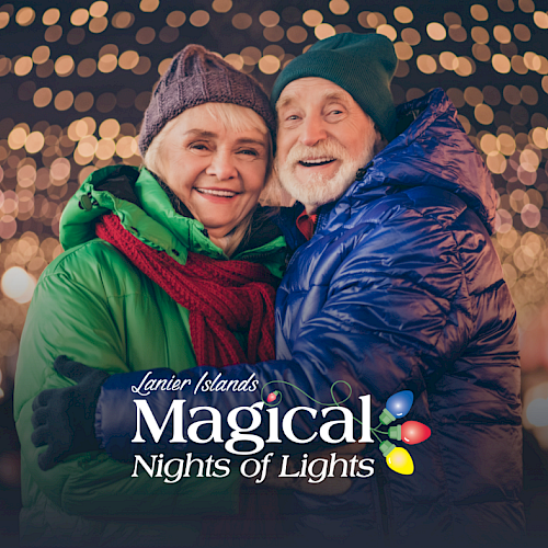 An elderly couple dressed warmly, smiling in front of festive lights. The text reads 