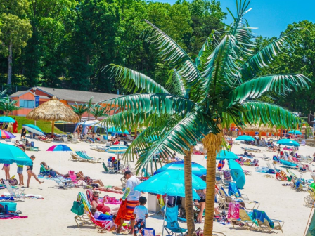 People relaxing under umbrellas and faux palm trees on a sunny beach with surrounding greenery and buildings visible in the background.