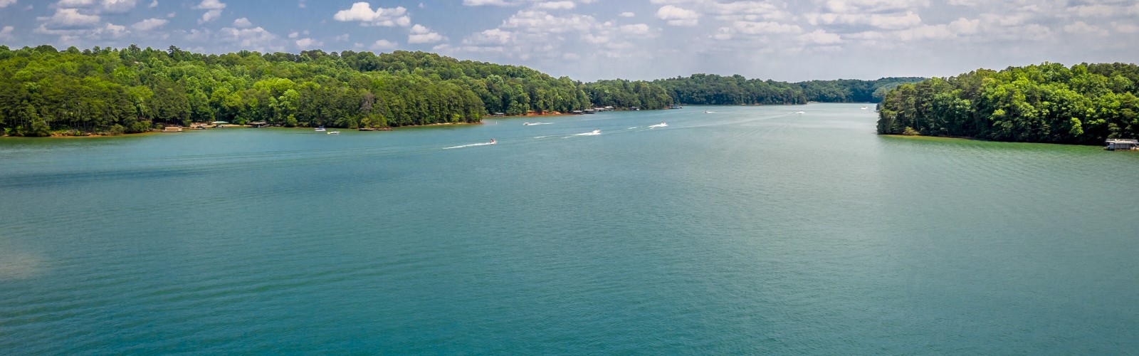 A serene lake with clear blue water, surrounded by lush green trees under a sky dotted with fluffy clouds.