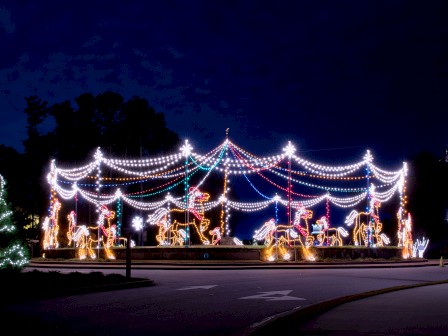 A festive outdoor display featuring illuminated reindeer and sleighs with string lights and decorations at night.