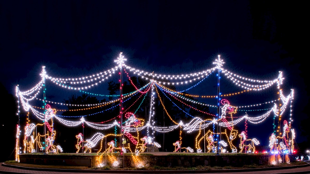 A carousel decorated with colorful lights at night, featuring illuminated horse figures and festive designs forming a charming display.