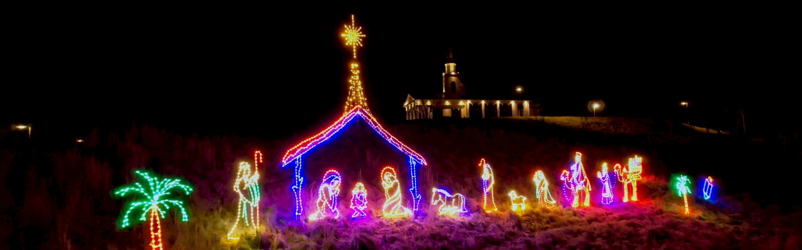 A vibrant Christmas light display on a hillside: a glowing nativity scene in a blue-roofed shelter, colorful figures, and illuminated palm-like trees at night.