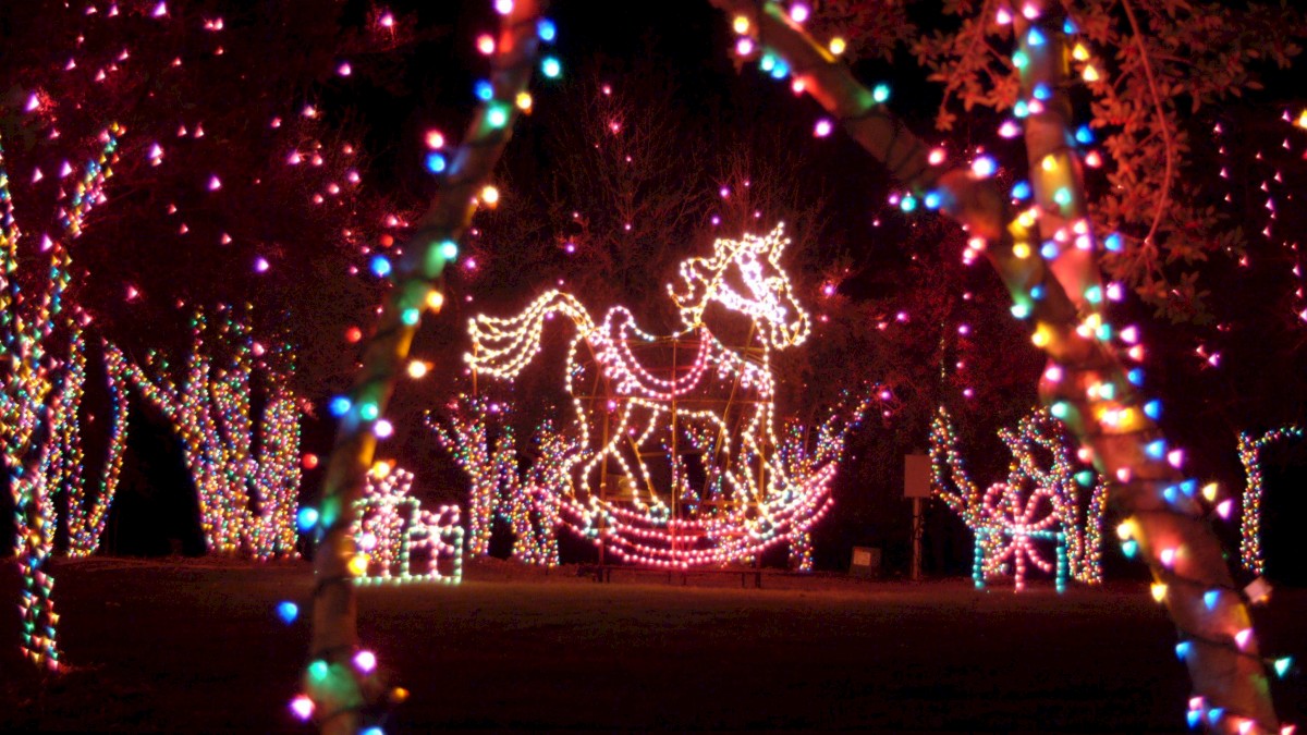 A festive display of holiday lights featuring a large illuminated rocking horse and decorated trees in a park setting.