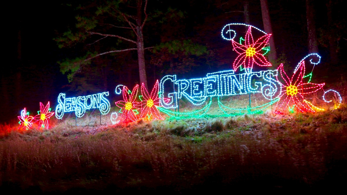 A bright neon sign reads “Season’s Greetings” with colorful flowers and swirls, glowing on a dark outdoor hillside.