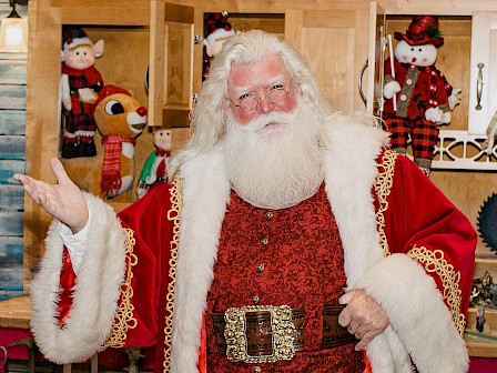 A person dressed as Santa Claus stands indoors surrounded by festive decorations and plush toys.