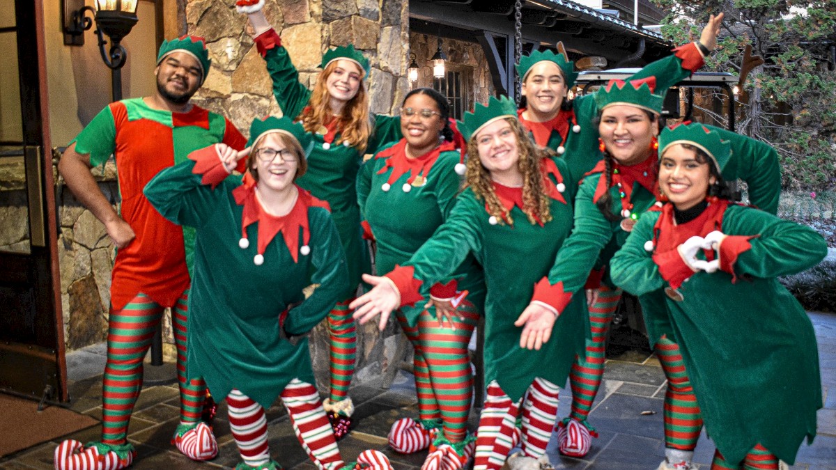 A group of people dressed as festive elves, posing and smiling for the camera, outside a building with stone walls.