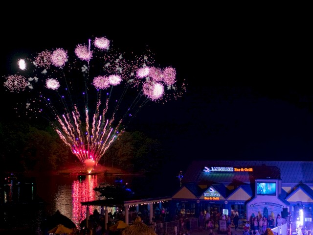 Fireworks light up the night sky over a lakeside bar and grill with people watching and celebrating.