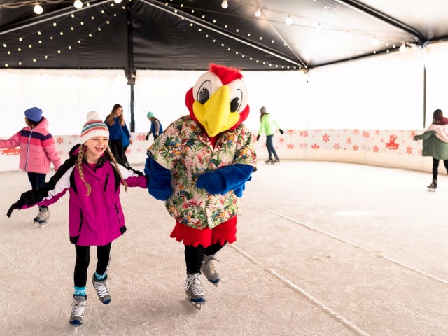 People are ice skating in a covered rink. A child, wearing a pink jacket and beanie, holds hands with someone dressed in a colorful bird costume.