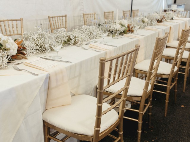 Elegant table setting with gold chairs, white tablecloth, baby's breath centerpieces, glassware, and menus. Perfect for a formal event.