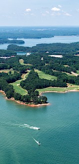 An aerial view of a large, lush coastal area with numerous boats on the water, surrounded by dense green forests and some buildings.