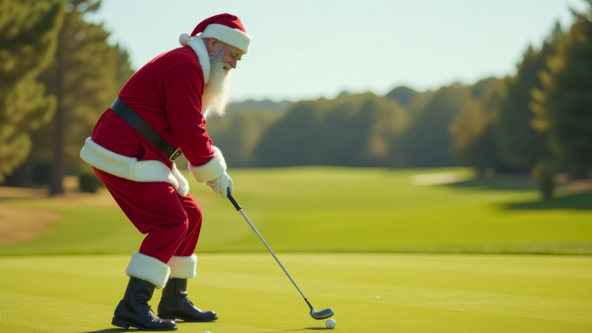 A person in a Santa costume is playing golf on a sunny day, preparing to hit a golf ball on a green course.