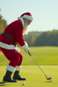 Santa is playing golf on a sunny day, focusing on putting on a lush green course.