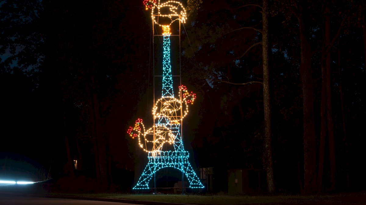 A light display depicting the Eiffel Tower with roosters is set against a dimly lit background.