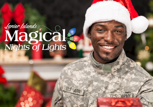 A person in a Santa hat and military uniform holds a gift. The text reads 