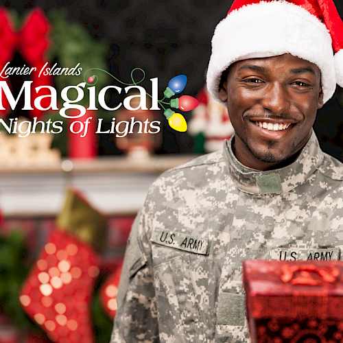 A person in a Santa hat and military uniform holds a gift. The text reads 