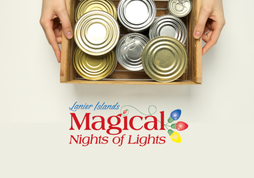 A pair of hands holds a box of cans above the 