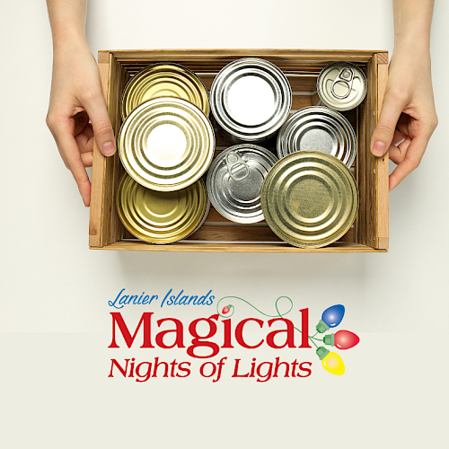 A pair of hands holds a box of cans above the 