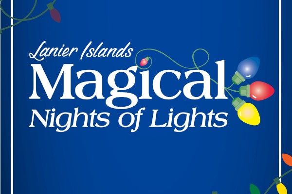 The image features a blue background with colorful holiday lights and the text 
