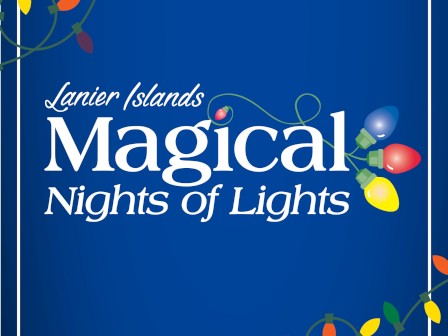 A blue poster with colorful holiday lights reads, 