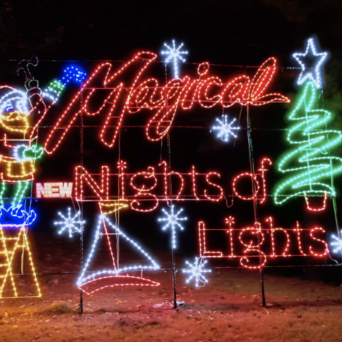 Colorful Christmas lights display reads 