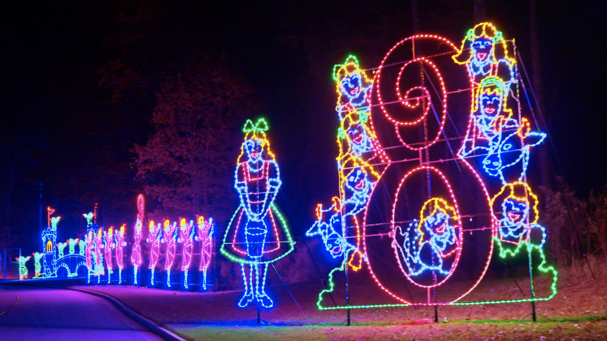A colorful Christmas light display with figures and decorative shapes along a road, glowing bright at night.