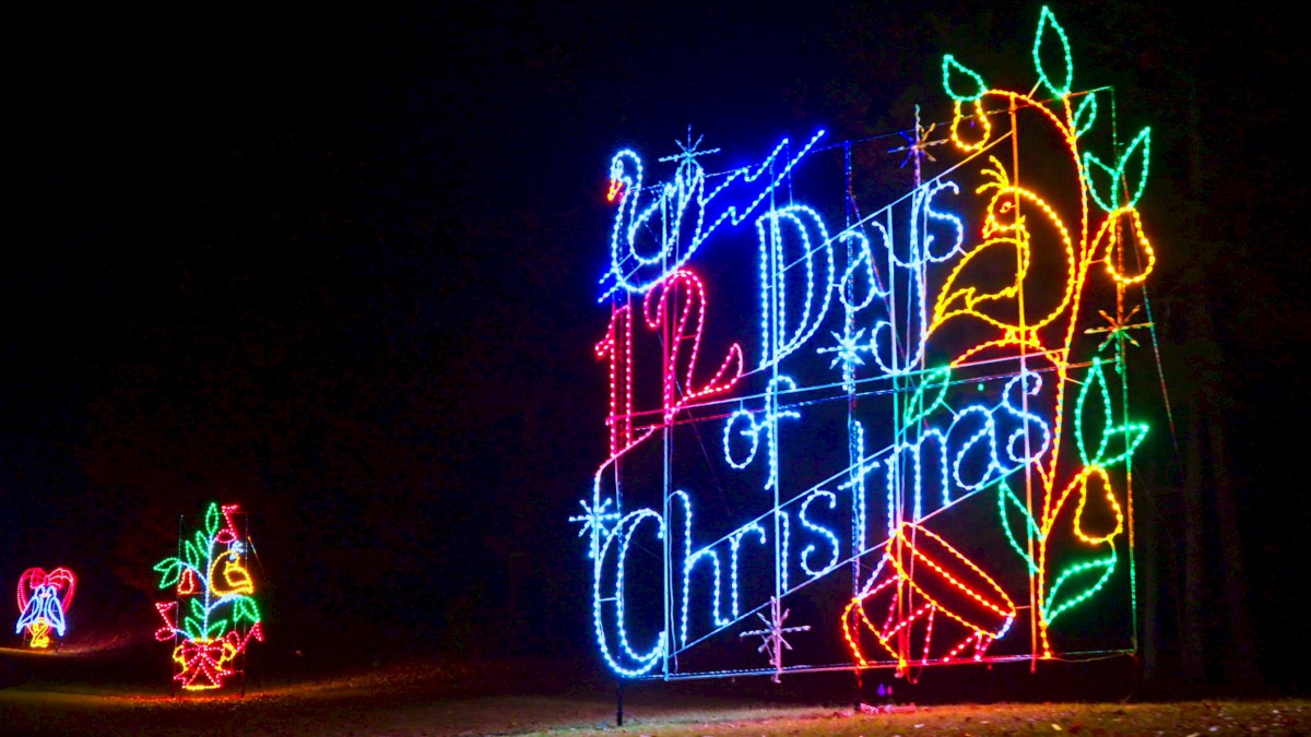 Colorful neon Christmas lights spell out “Days of Christmas” with bells, holly, and scrollwork, bright against the dark night.
