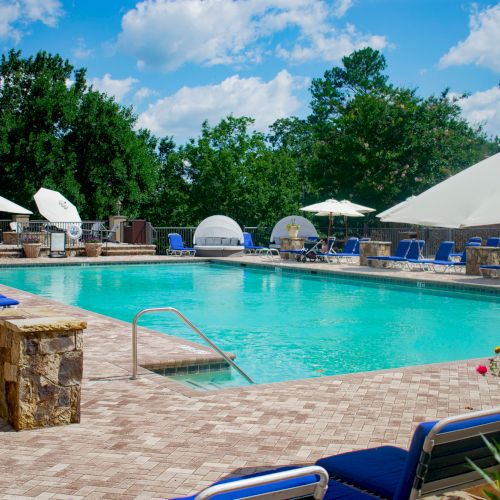 An outdoor swimming pool with sun loungers and umbrellas on a sunny day.