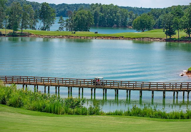The image shows a peaceful lake surrounded by lush greenery, with a wooden bridge crossing the water.