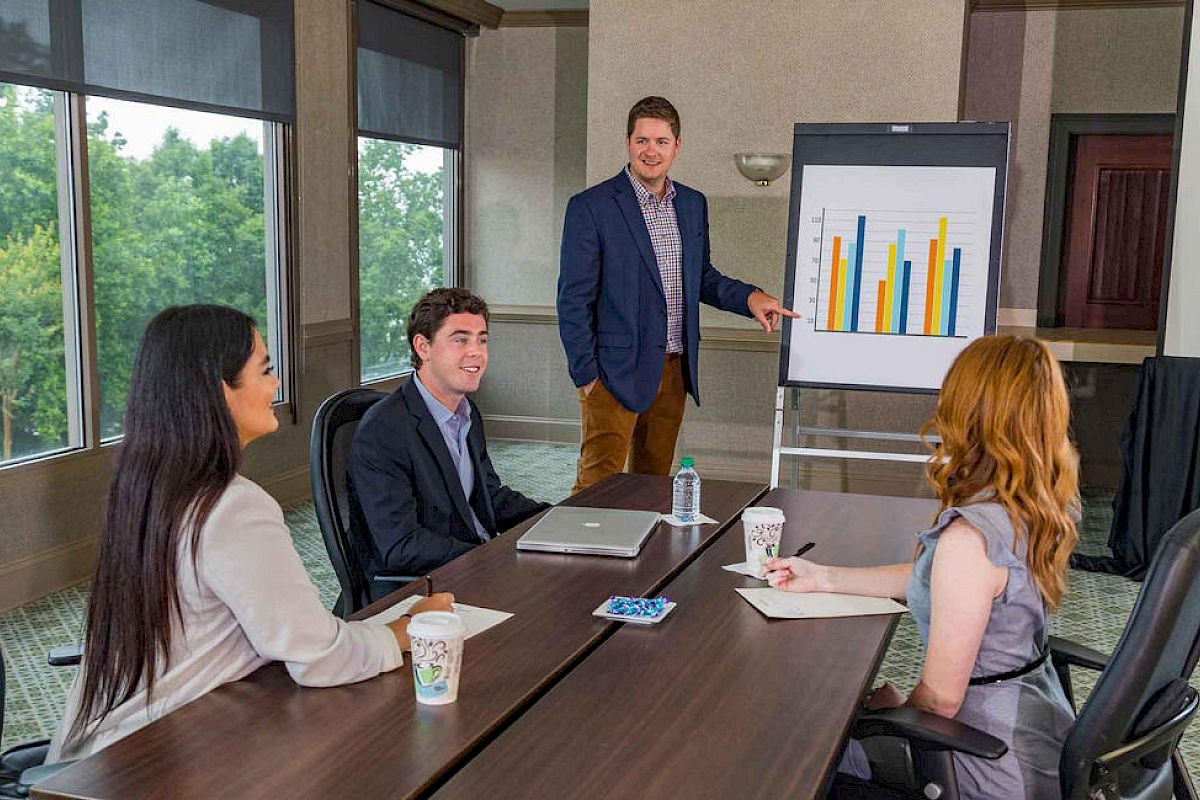A man is presenting a bar chart to three colleagues in a meeting room with windows. The colleagues are seated with laptops and papers.