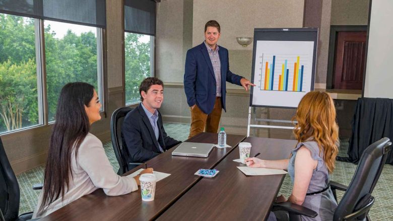 A man is presenting a bar chart to three colleagues in a meeting room with windows. The colleagues are seated with laptops and papers.