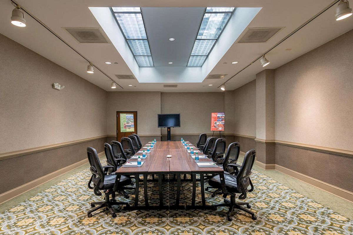 The image shows a meeting room with a long table, office chairs, water bottles, a TV screen, and skylights, decorated with carpet and framed posters.