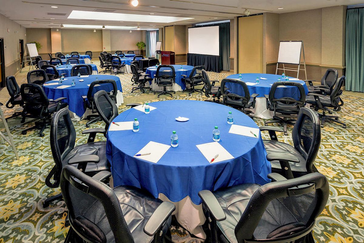 This image shows a conference room with round tables, blue tablecloths, black chairs, notepads, water bottles, a projector screen, and flip charts.
