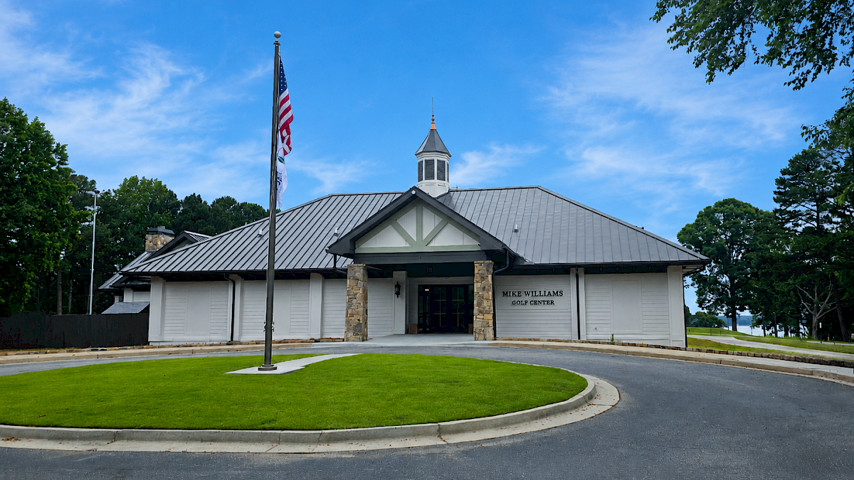 A white building labeled 
