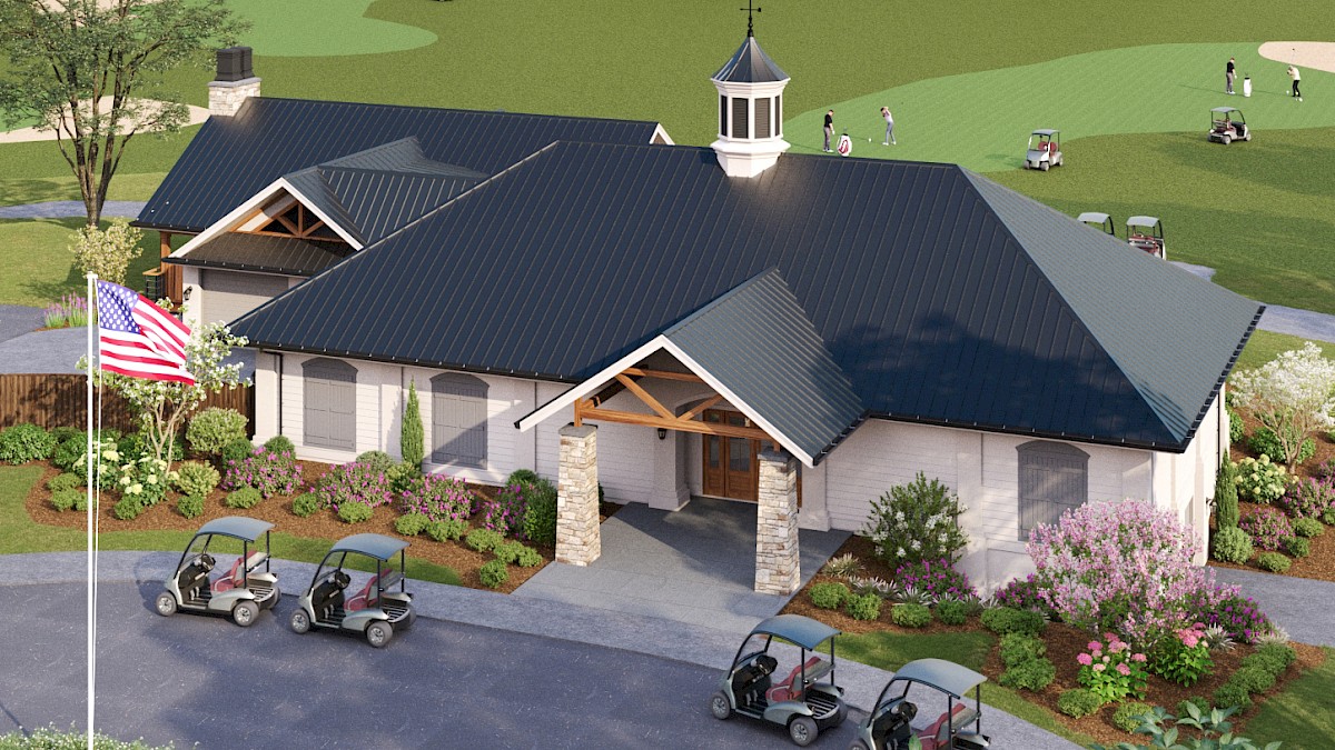 A clubhouse with a blue metal roof, surrounded by flower beds, several golf carts, and people playing golf on the green.
