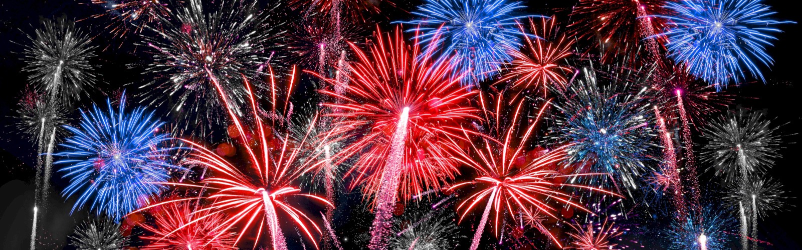 Colorful fireworks explode in the night sky celebrating a festive occasion with vibrant red, blue, white, and purple bursts.