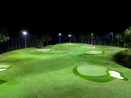 A golf course at night with multiple lit-up putting greens and flags, surrounded by trees and dark sky.