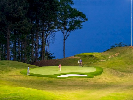 A scenic golf course near water with trees and a bright night sky, illuminated by a large artificial light.