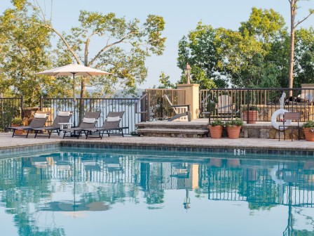 A tranquil swimming pool area with lounge chairs, potted plants, and trees, surrounded by black metal fencing and brightened by sunlight.