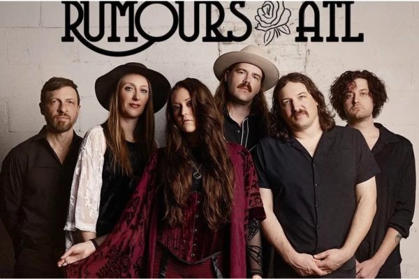 A band called RUMOURS ATL is shown with six members standing against a white wall with their band name and a rose illustration.