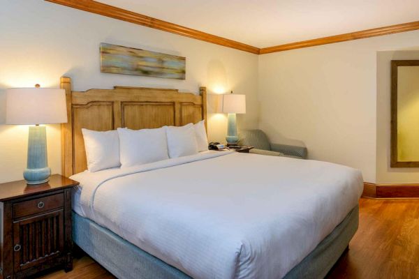 This image shows a cozy hotel room with a large bed, two bedside tables with lamps, a wall decoration above the bed, and a full-length mirror.