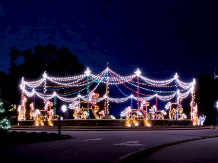 A brightly lit holiday display features illuminated flamingos, trees, and strings of colorful lights against a dark night sky.