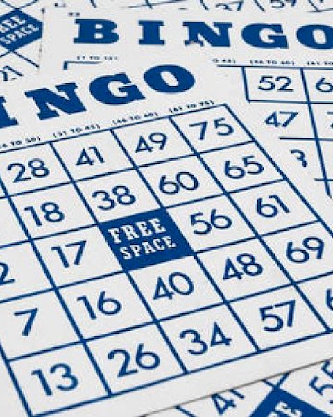 The image shows several Bingo cards, each with a grid of numbers and a free space in the center. The numbers are arranged in columns under BINGO.
