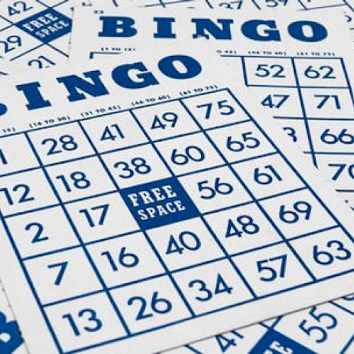 The image shows several Bingo cards, each with a grid of numbers and a free space in the center. The numbers are arranged in columns under BINGO.