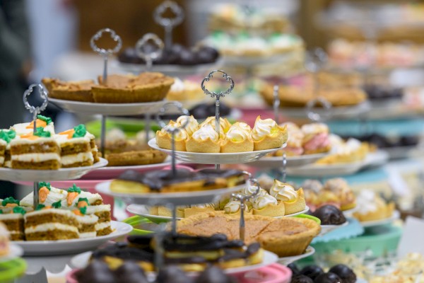A colorful assortment of mini pastries and cakes on pastel-tinted tiered platters, with various toppings and decorations, arranged like a dessert display.