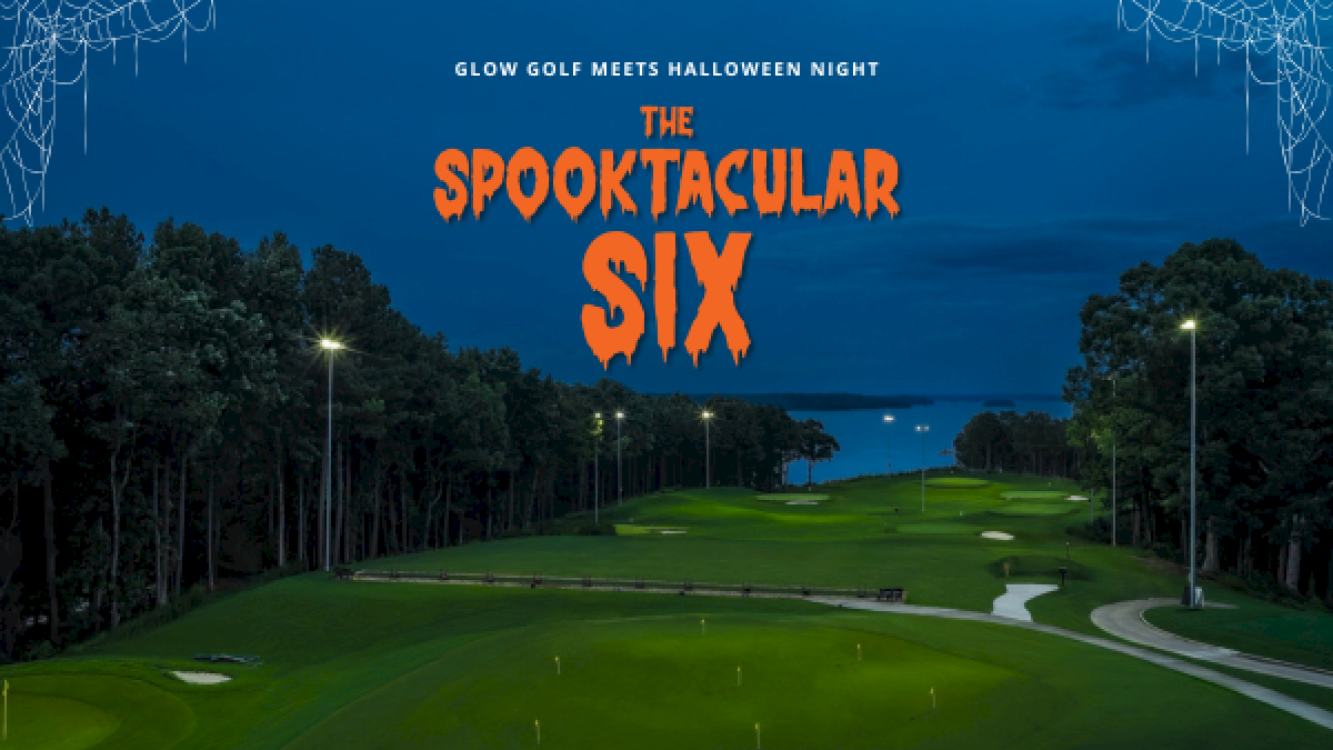 A golf course at night with spooky Halloween themed text for an event called 