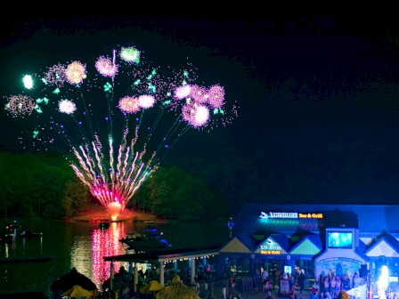 A nighttime scene of a waterfront with fireworks in the sky, people gathered, and a building with illuminated signs.